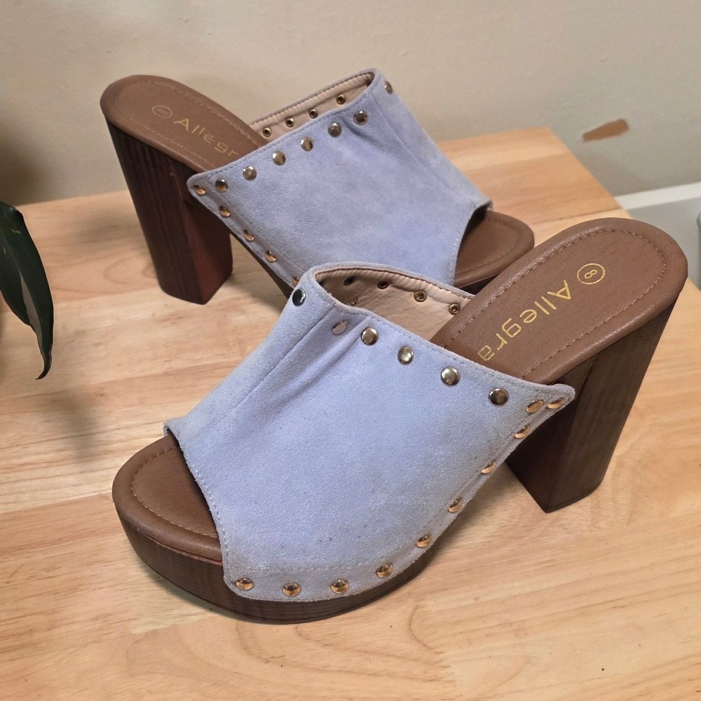 Allegra K 8 Platform Mules Light Blue/purple Studded Wood Block Heel RFA2705-2